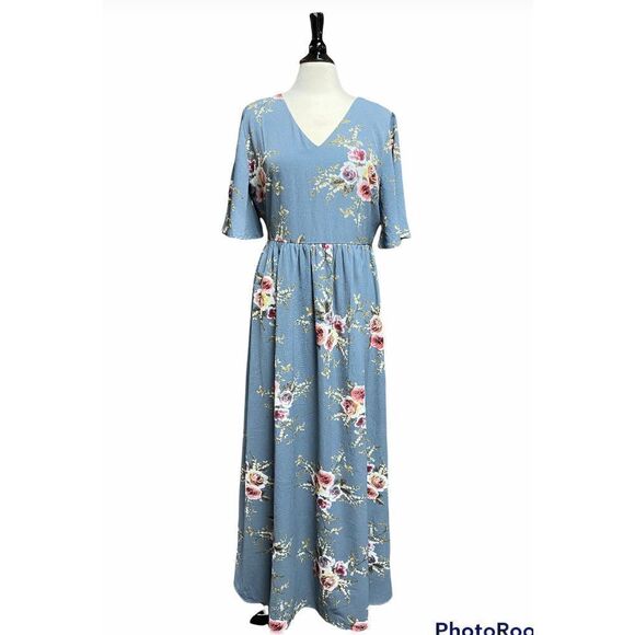 Ashley Le Mican Blue Floral Short Flutter Sleeve Maxi Dress Size XL  NEW - Picture 1 of 5